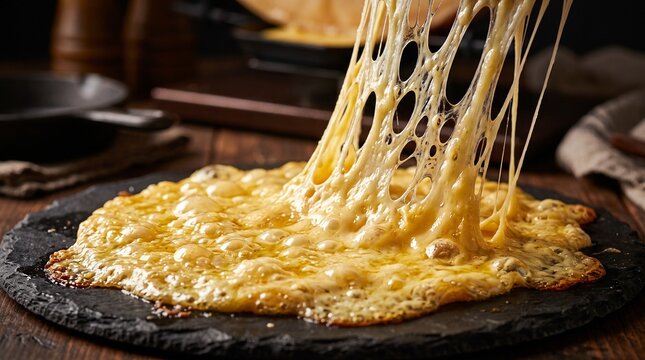 A round hot cheese pizza with long melted strings stretching from the top