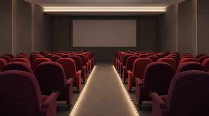 Fototapeta premium Empty Cinema Auditorium Interior with Rows of Red Seats and Blank Projection Screen