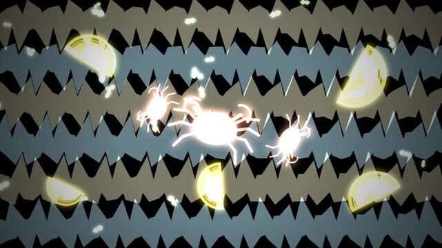 A glowing bright spider creature moving through falling lemon slices on a dark jagged pattern background 4k Motion Video