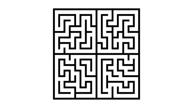 Complex black square maze pattern on white background.
