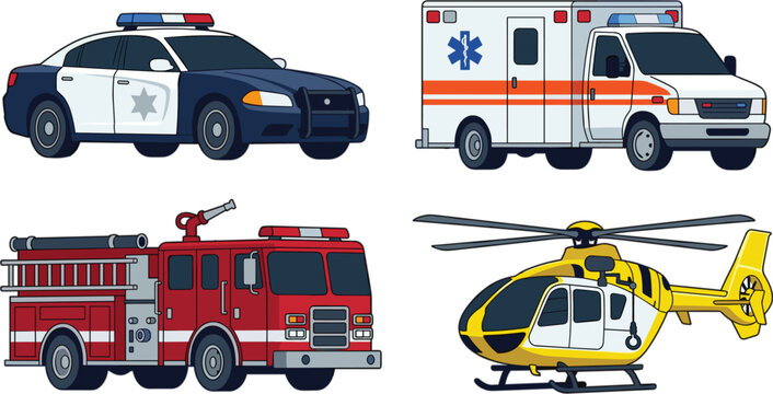 Emergency Rescue Vehicle Cartoon Icon Set with Police Car Ambulance Fire Truck and Medevac Helicopter Symbols for Safety and First Responder Designs