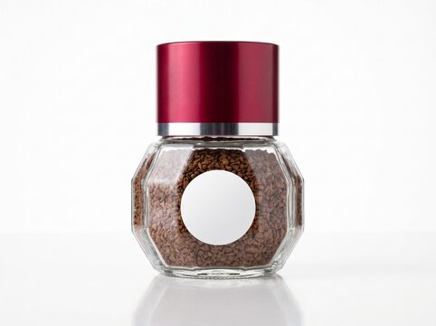 Faceted glass jar of instant coffee with red lid and blank label on white background