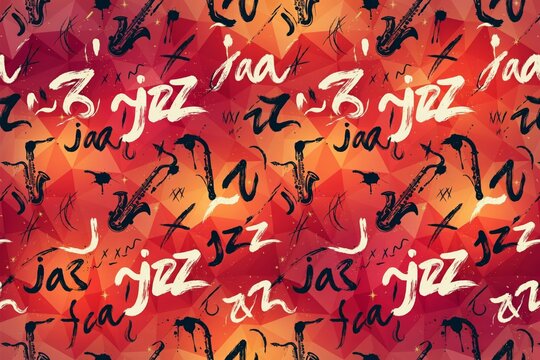 Seamless pattern with jazz music elements, saxophones and handwritten lettering on a geometric polygonal red and orange background