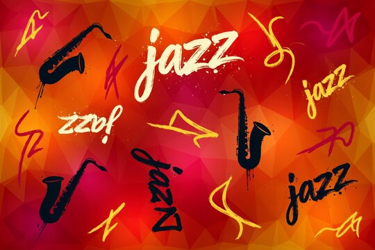 Jazz music background with saxophones and abstract brush strokes on a geometric low poly orange and red backdrop