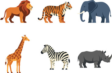 Fototapeta premium A collection of six wild African animals including a lion tiger elephant giraffe zebra and rhinoceros.