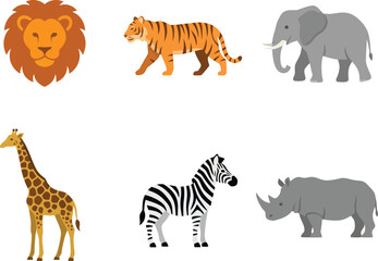 Fototapeta premium A collection of six diverse wild animals including a lion tiger elephant giraffe zebra and rhinoceros.