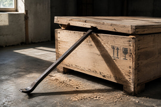 Steel pry bar opening wooden shipping crate lid, tools and construction concept