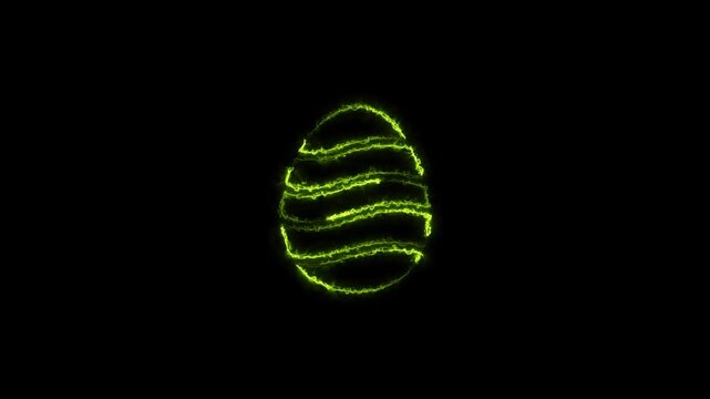 Neon glowing green easter egg with wavy stripes on a dark black background