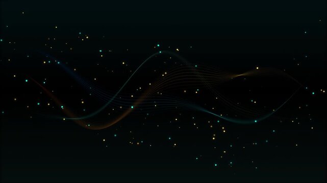Abstract flowing wave of glowing particles and light trails, elegant dark background, motion graphics animation 4k video