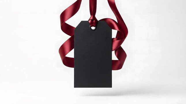 Gift tag hanging from a luxurious deep red satin ribbon isolated on a clean white background for premium branding mockups and sophisticated retail product labeling design