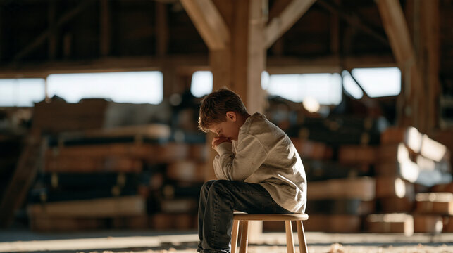 A child seated on a stool in an empty workshop adjacent to a rural concert barn, watching a luthier taste rosin to test its grade, sawdust curling in light shafts across the