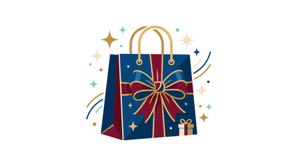 Fototapeta premium Blue shopping bag with red ribbon bow and festive sparkles for holiday gift sales