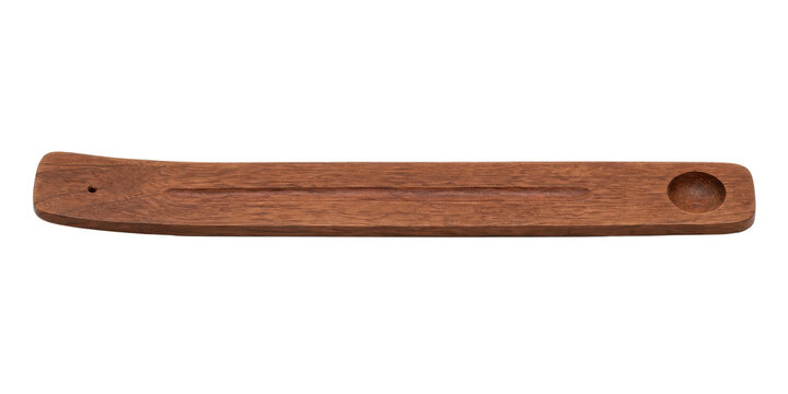 Simple wooden incense holder with a small hole and a round ash catcher, viewed from a top-down perspective on a white background