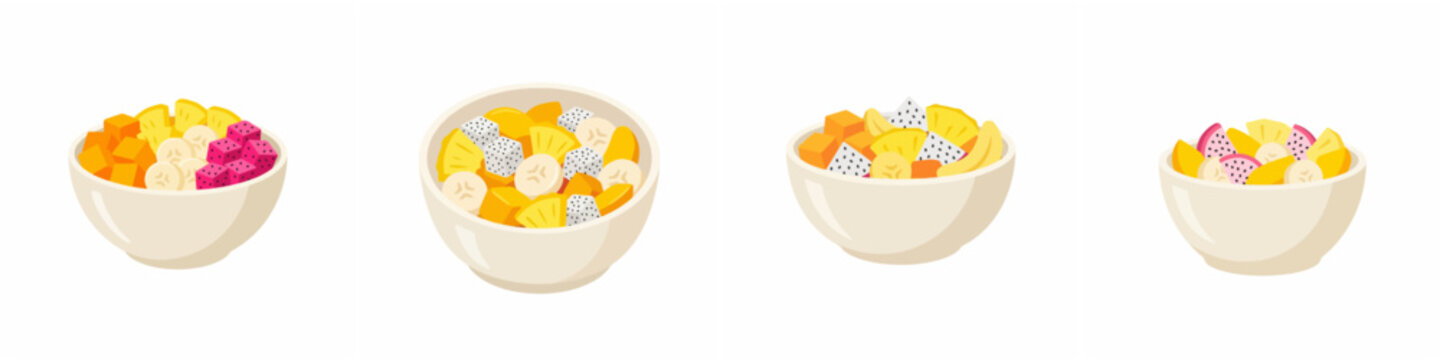 Set of four tropical fruit salad bowls with dragon fruit, banana, and pineapple vector illustration.