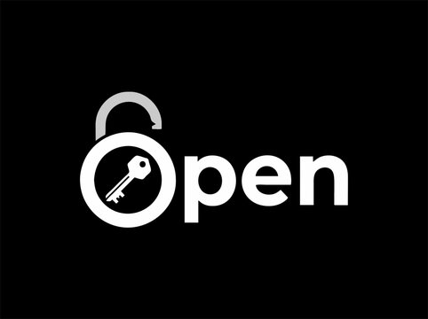 Minimalist open padlock logo with key, white typography on black background, security and accessibility concept vector