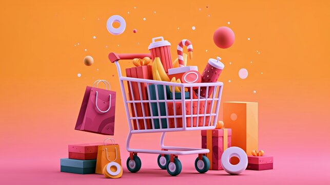 Mini shopping cart 3D render with pastel gifts, coins and bubbles on pink orange retail background for ecommerce banner, advertising and social media.

