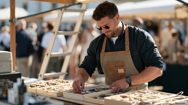 A lapidary craftsperson restocking polished stone supplies for the next festival market day in a busy outdoor crowded public setting, a ladder leaning against the stall framework