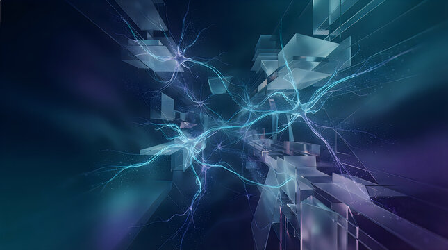Neural network connections with floating geometric cubes isolated on a transparent background