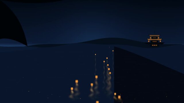 Glowing paper lanterns floating into the dark night sky over a traditional japanese pagoda temple in a peaceful landscape illustration 4k Motion Video