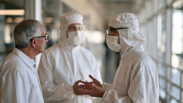 A copper refinery floor worker in full protective gear apologizes to a supervisor in a hospital corridor, an elderly technician listening carefully as the younger worker gestures