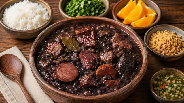 Hearty Brazilian Feijoada Black Bean Stew with Pork, Sausage, Rice, and Farofa