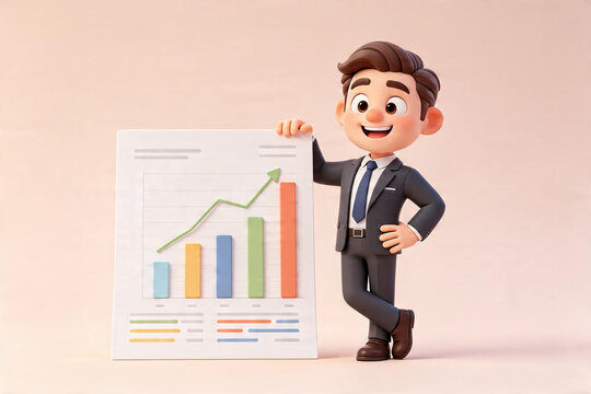 Cheerful cartoon businessman presenting growth chart with confidence