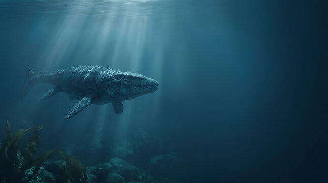Prehistoric Mosasaurus Swimming Through Deep Blue Ocean Waters with Sunbeams Piercing the Surface