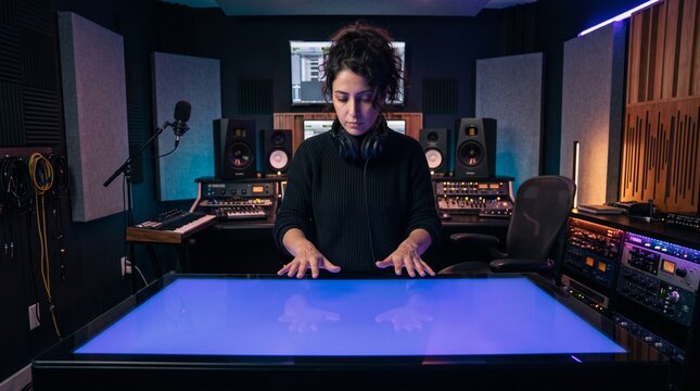 Woman working on a large digital mixing board in a recording studio
