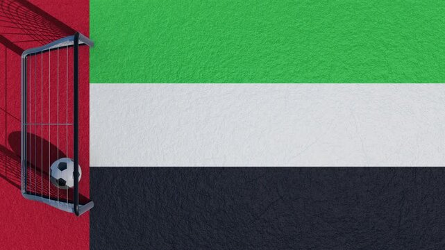 United Arab Emirates flag soccer goal, football ball hitting the net on UAE national colors, sports competition concept