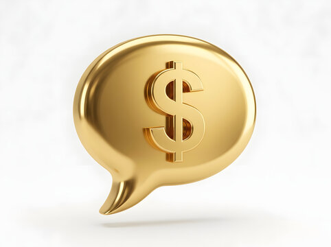 Glossy golden speech bubble featuring embossed dollar sign for financial communication and wealth discussion marketing visuals.