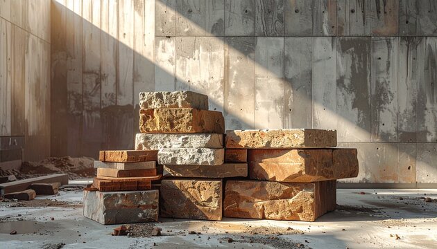 Stacked various concrete and stone blocks in an industrial urban construction site with sunlight