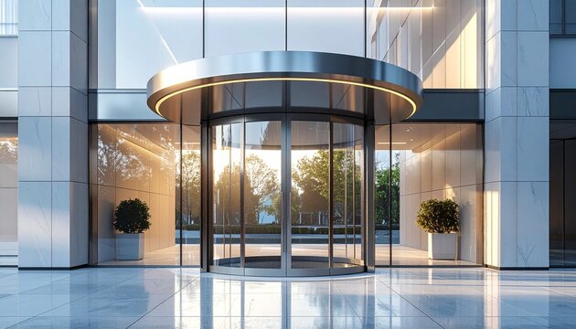 Modern glass revolving door at the entrance of a contemporary office building exterior