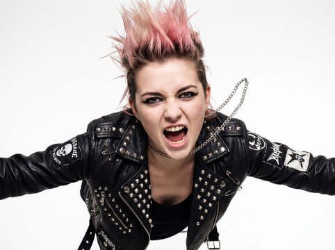 Rebellious Pink Mohawk Punk Rocker Screaming in Studded Biker Leather Jacket