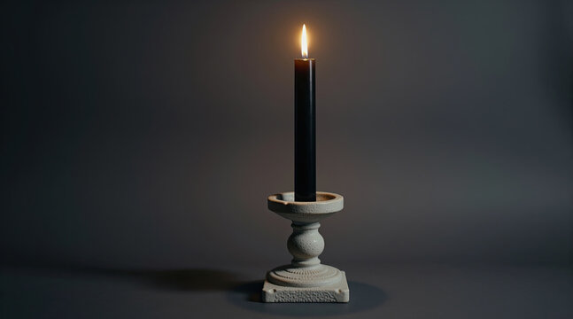 Single Burning Black Candle in Vintage Ceramic Candlestick Holder on Dark Grey Background with Large Copy Space. Minimalist Burning Black Candle Still Life on Dark Background