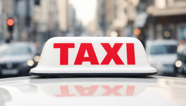 Close Up View Of A White Taxi Roof Sign With Bold Red Letters Displayed On An Urban Street