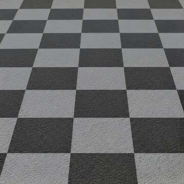 A close-up view of a textured checkerboard floor featuring alternating black and gray squares. The perspective emphasizes the surface details and the geometric pattern.