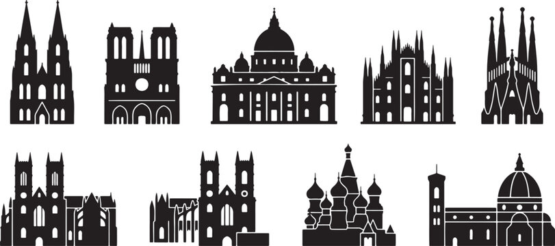 Famous world cathedral architecture and historic basilica church icon set