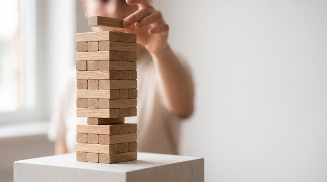 Person carefully placing a wooden block on a precarious board game tower