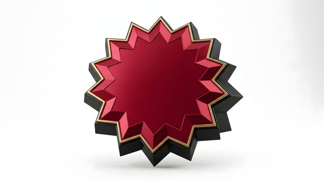 A premium 3D rendered star-shaped badge with a deep red metallic finish, elegant gold trim, and a solid black base, isolated on a clean white background for luxury branding and marketing design.