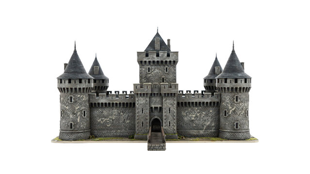 Detailed grey stone medieval castle model featuring tall protective towers and a drawbridge entrance perfect for fantasy dioramas and historical gaming displays on transparent background