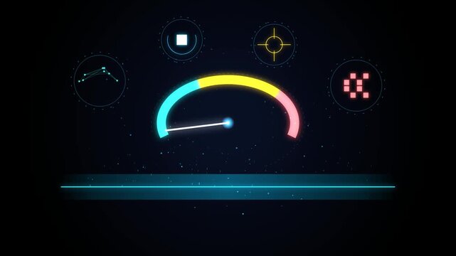 Digital speedometer dashboard interface with glowing neon gauges and hud elements for performance monitoring and data visualization on a dark futuristic background 4k Motion Video