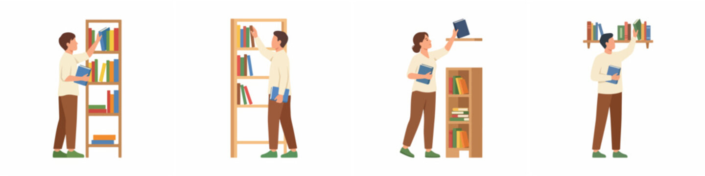Flat vector set of people organizing and picking books from various shelves on white background.