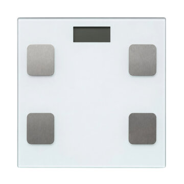 Modern white digital bathroom scale with a clear glass surface and four metallic sensors, isolated on a clean white background