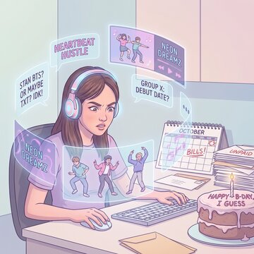 Humorous illustration of an obsessed K-pop fan tracking idol news, comebacks and schedules while ignoring unpaid bills, personal plans and important events in her own life