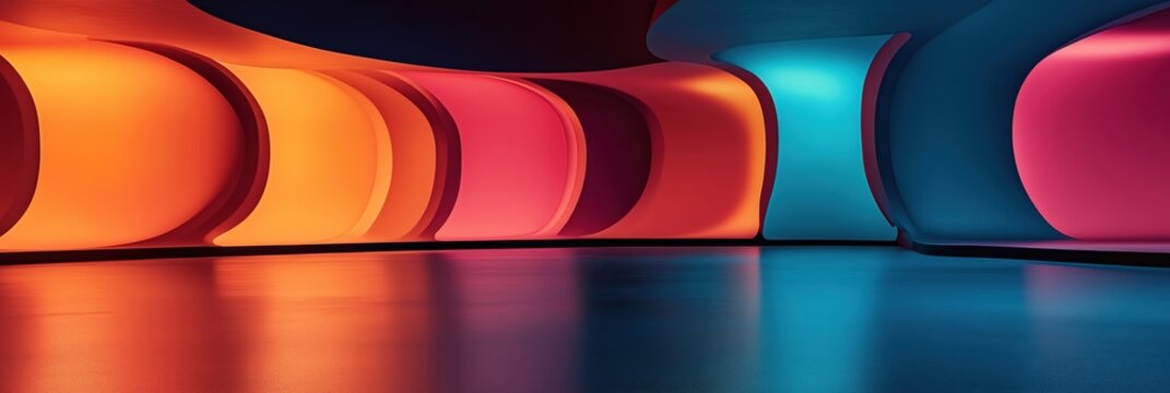 Colorful modern interior design with curved walls and lighting, vibrant colors, abstract architecture