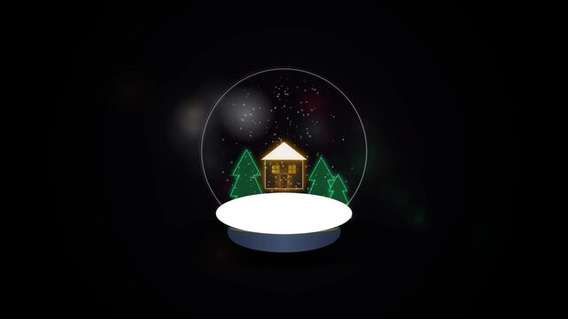 Glowing neon snow globe with a small house and pine trees inside on a dark background for christmas and winter holiday decoration 4k Motion Video