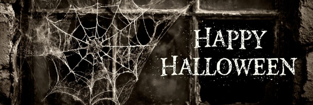Spiderweb on weathered window pane with Happy Halloween text, atmospheric holiday banner
