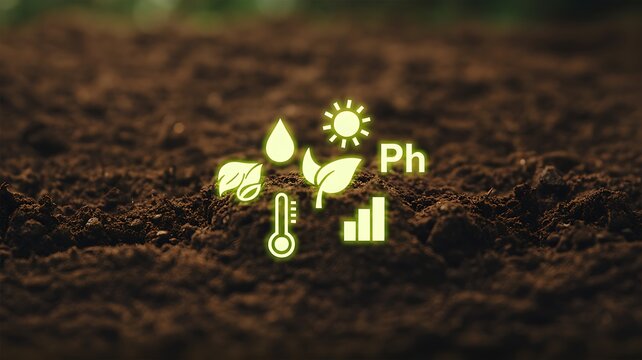 Soil health concept with plant growth icons representing water, sunlight, temperature, pH, and agricultural monitoring