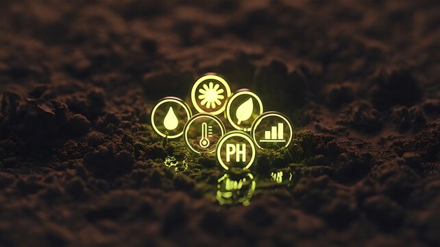 Sustainable soil management concept with environmental icons representing water, sunlight, plant growth, temperature, pH, and soil health
