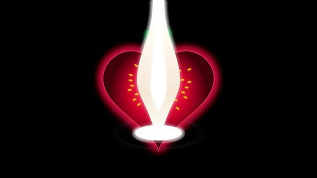 Abstract glowing red heart shape with a bright white light flame pillar rising from the center on a solid dark black background for romantic and spiritual concepts 4k Motion Video